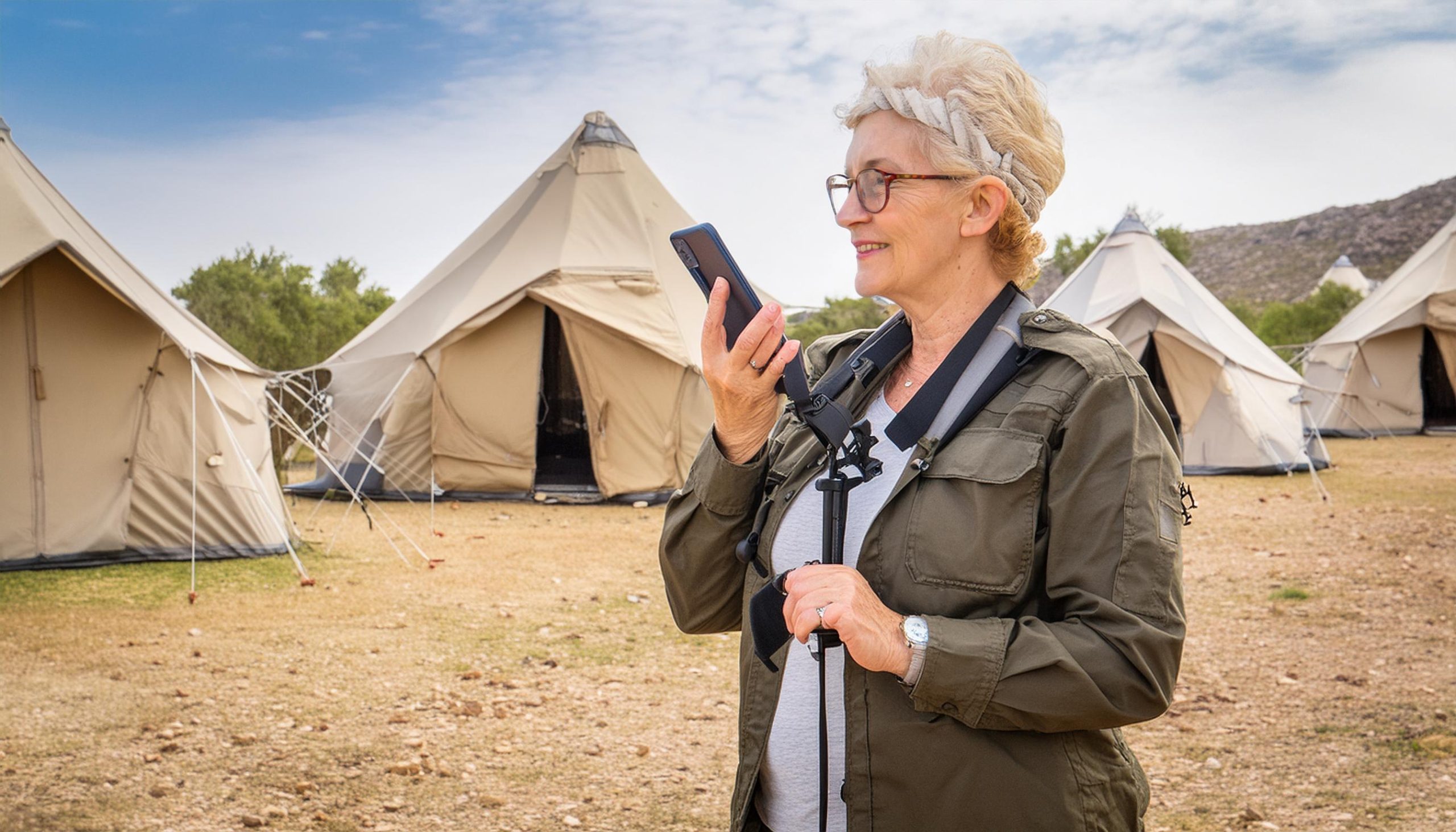 A female war correspondent, working on a cellphone with an emergency camp in the background.