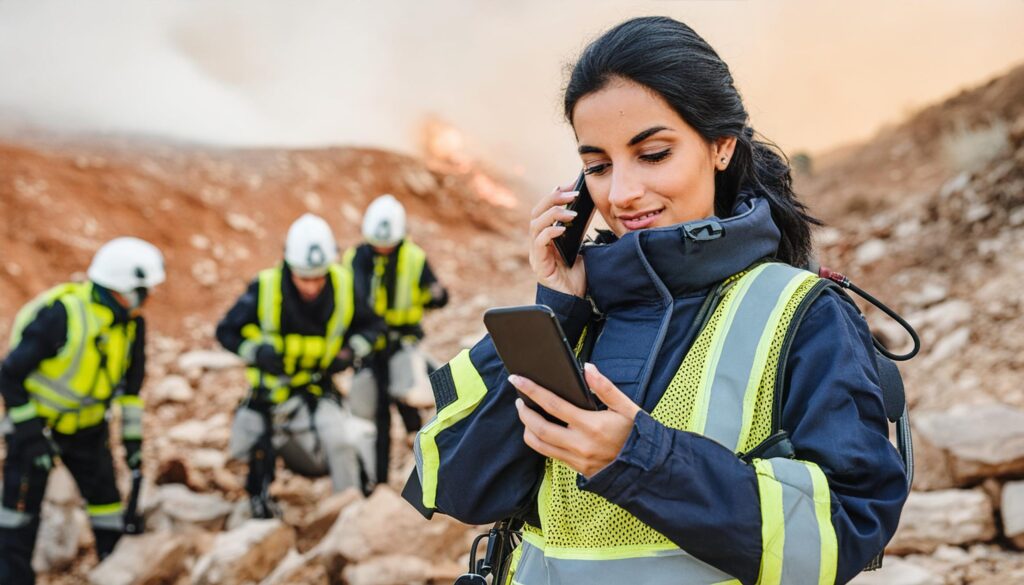 A young female first responder, working on a cellphone with the backdrop of a disaster zone 